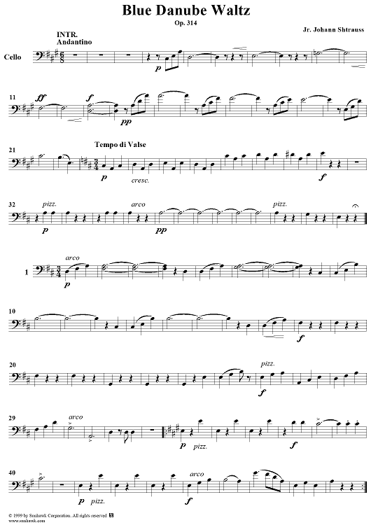 Donau-Walzer (On the Beautiful Blue Danube Waltz), Op. 314 - Waltz - Op. 314 - Cello