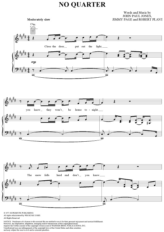 No Quarter" Sheet Music by Led Zeppelin for Piano/Vocal/Chords Sheet