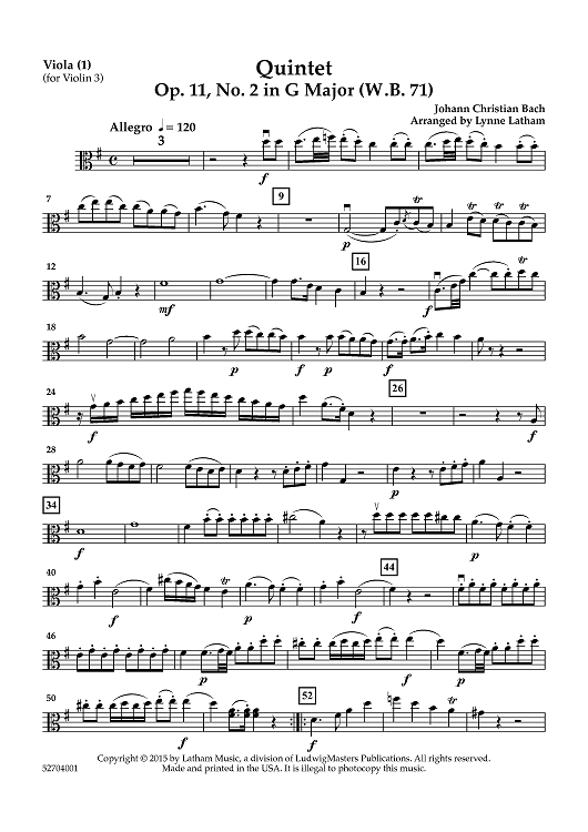 Quintet Op. 11, No. 2 in G Major (W.B. 71) - Viola (1) (for Violin 3)