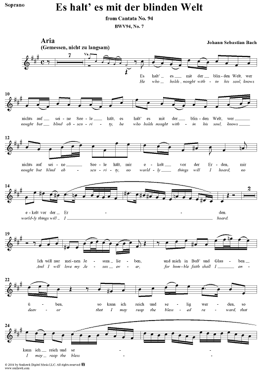 "Es halt' es mit der blinden Welt", Aria, No. 7 from Cantata No. 94: "Was frag' ich nach der Welt" - Soprano