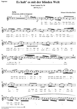 "Es halt' es mit der blinden Welt", Aria, No. 7 from Cantata No. 94: "Was frag' ich nach der Welt" - Soprano