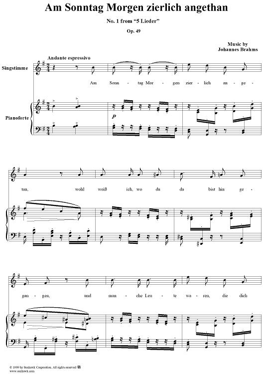 Am Sonntag Morgen zierlich angethan - No. 1 from "5 Lieder" - Op. 49