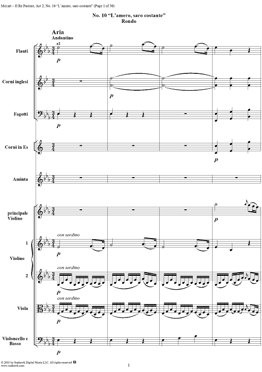 L'amerò, sarò costante, No. 10 from "Il Re Pastore", Act 2 (K208) - Full Score