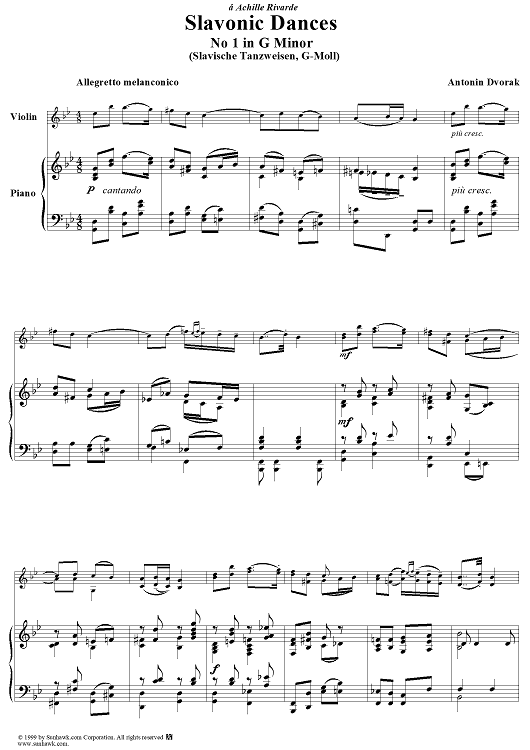 Slavonic Dances for violin and piano, No. 1 in G minor - Score