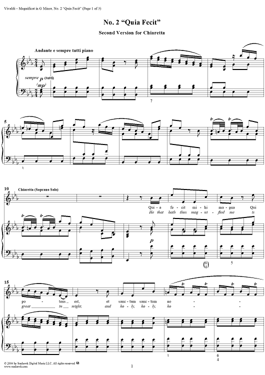 Magnificat in G Minor: No. 2b, Quia Fecit (Second Version for Chiaretta)