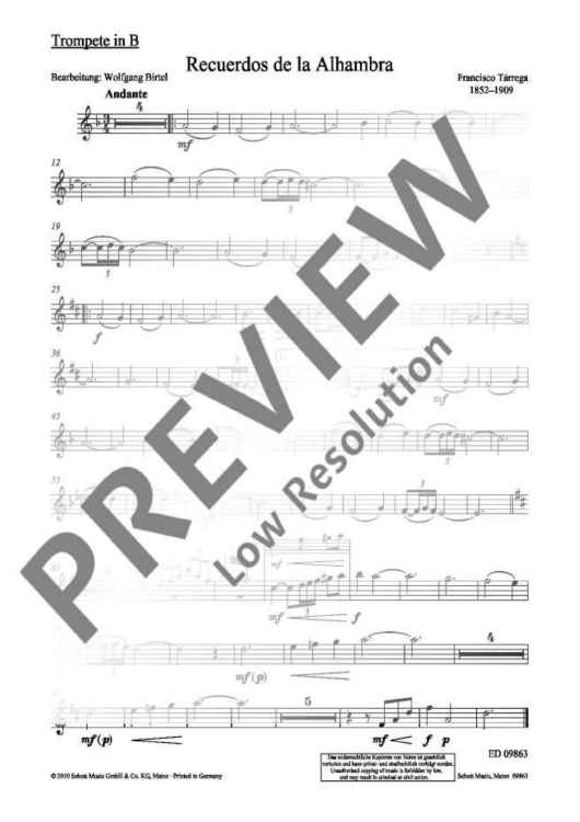 Sheet music cover for Recuerdos de la Alhambra arranged for trumpet in Bb and piano, featuring Tárrega’s evocative melody presented with a bright, singing lead line and supportive piano accompaniment.