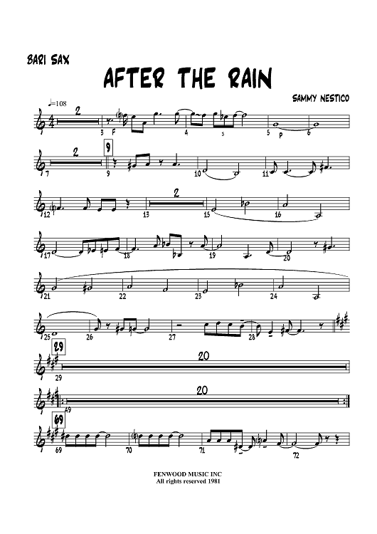 ＢＢ楽譜「AFTER THE RAIN」SAMMY NESTICO（絶版） After the Rain - Baritone Saxophone