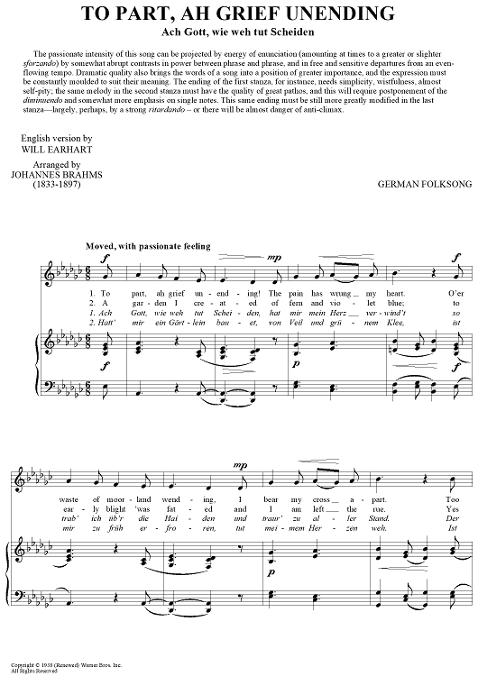 To Part, Ah Grief Unending (Ach Gott, wie weh tut Scheiden)