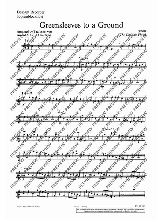 Greensleeves to a Ground" Sheet Music for Soprano Recorder And Piano