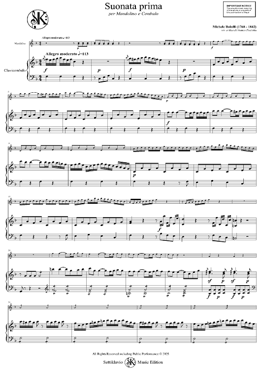 Suonata prima Per Mandolino e Cembalo - Harpsichord Score