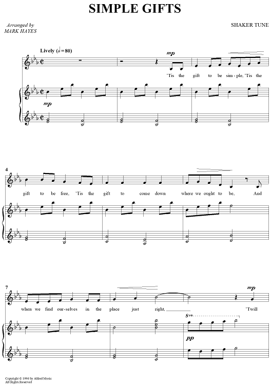Sheet music cover image for 'Simple Gifts' for piano and vocal performance