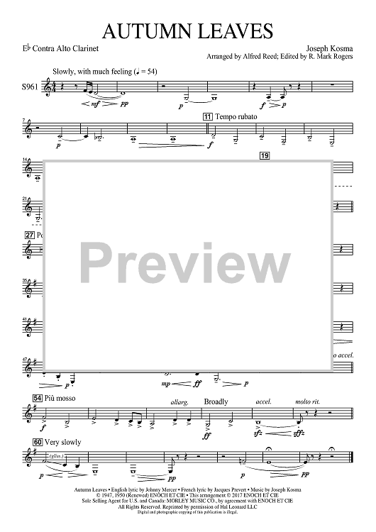 Autumn Leaves (Les feuilles mortes) - Eb Contra Alto Clarinet