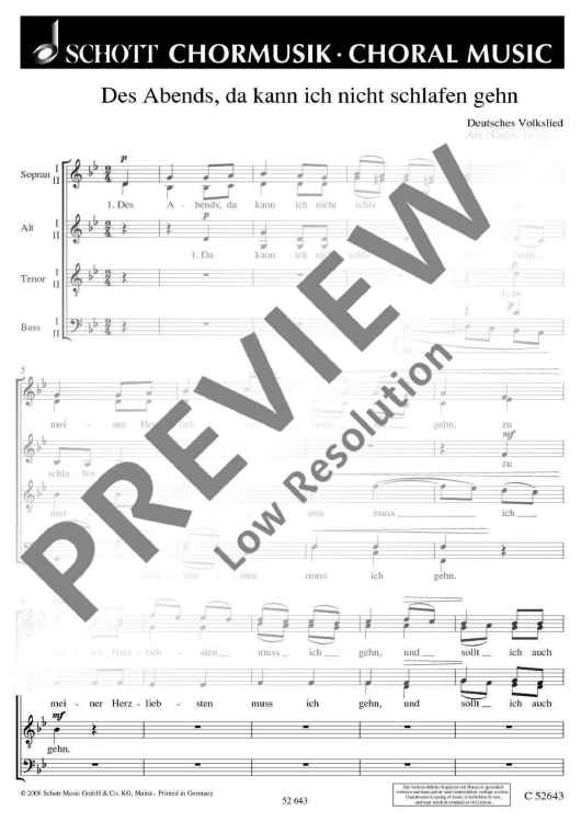 Des Abends, da kann ich nicht schlafen gehn - Choral Score