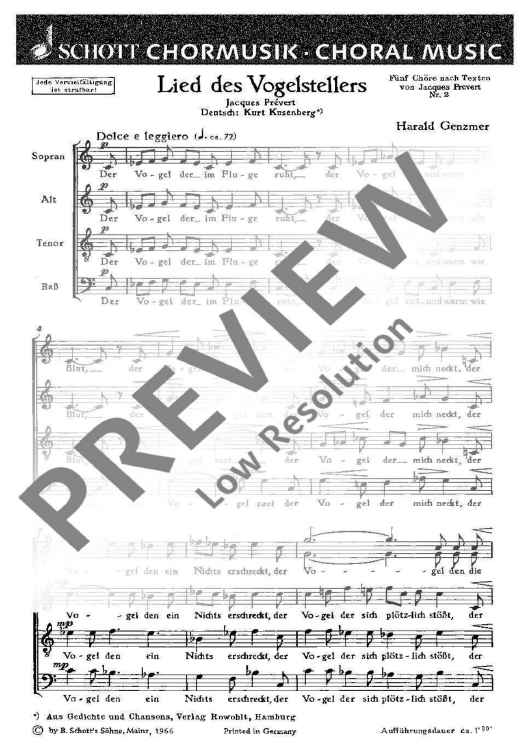 Lied des Vogelstellers - Choral Score