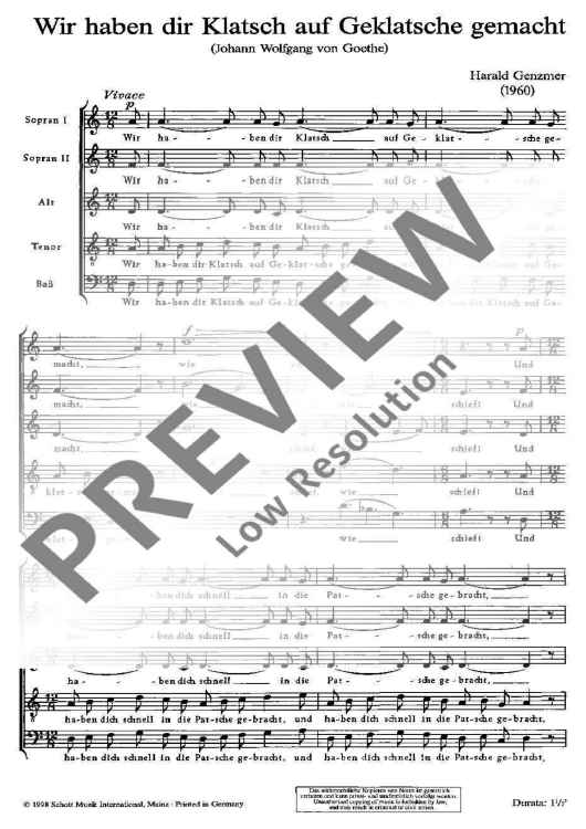 Wir haben dir Klatsch auf Geklatsche gemacht - Choral Score