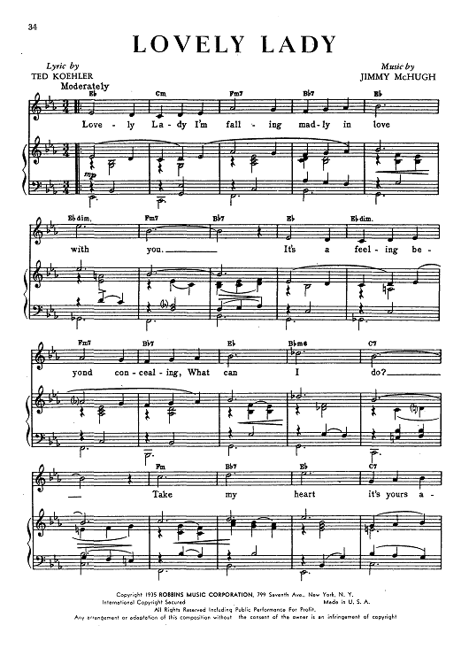 Lovely Lady" Sheet Music by Dan Dailey for Piano/Vocal/Chords