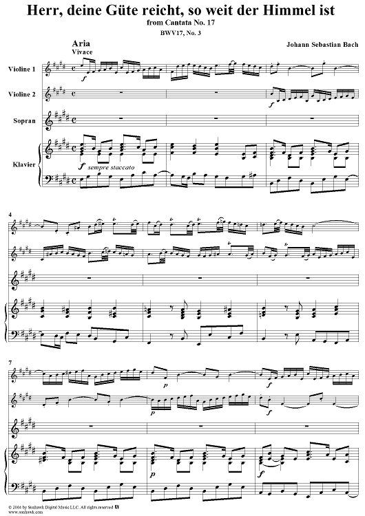"Herr, deine Güte reicht so weit der Himmel ist", Aria, No. 3 from Cantata No. 17: "Wer Dank opfert, der preiset mich" - Piano Score