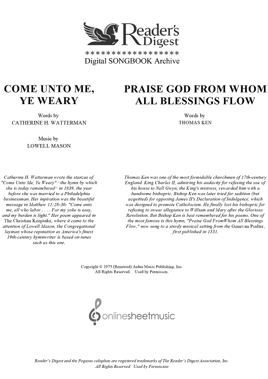 Come Unto Me, Ye Weary / Praise God From Whom All Blessings Flow