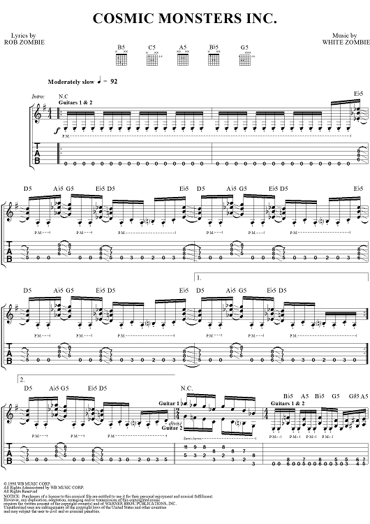 Cosmic Monsters Inc." Sheet Music by White Zombie for Guitar Tab/Vocal 