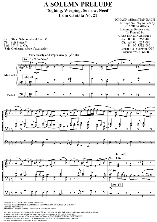 bach organ pedal solo A Solemn Prelude (from Cantata No. 21)" Sheet Music for Organ Solo