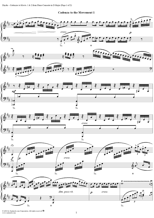 Piano Concerto in D Major: Cadenzas to Movts. 1 & 2
