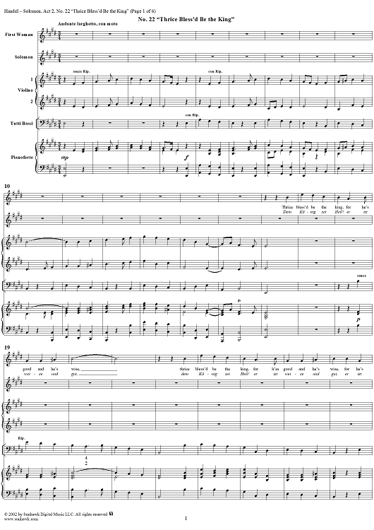 Thrice bless'd be the King, No. 22 from Oratorio "Solomon", Act 2 (HWV67)