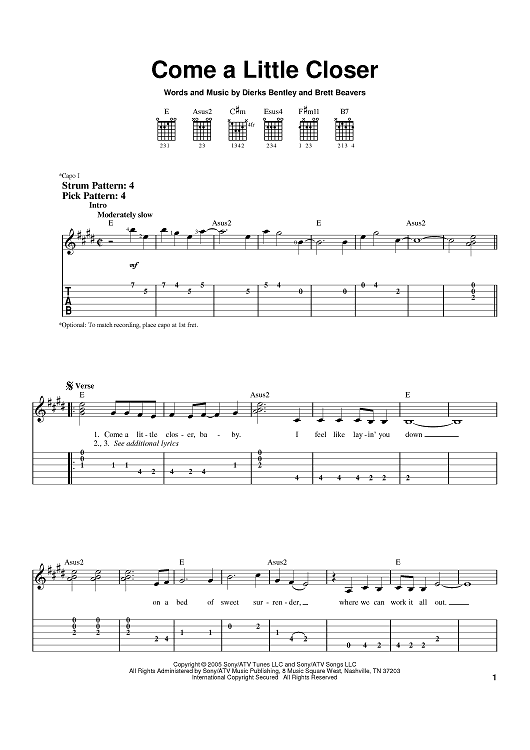 Come A Little Closer" Sheet Music by Dierks Bentley for Easy Guitar Tab Sheet Music Now