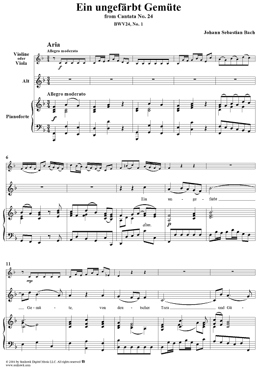 "Ein ungefärbt Gemüte", Aria, No. 1 from Cantata No. 24: "Ein ungefärbt Gemüte" - Piano Score