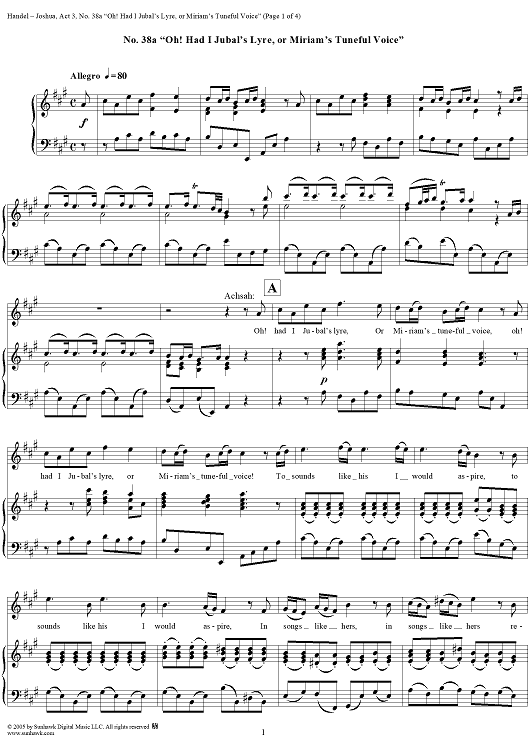 Joshua, Act 3, Nos. 38a: "Oh! had I Jubal's lyre, or Miriam's tuneful voice"