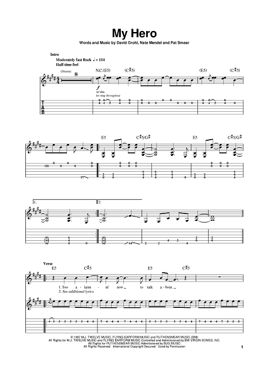 My Hero" Sheet Music by Foo Fighters for Guitar Tab - Sheet Music Now