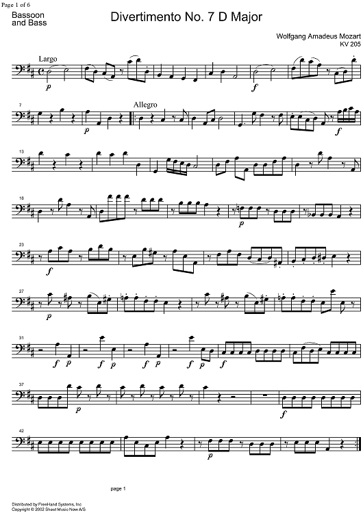 Divertimento No. 7 D Major KV205 - Bassoon/Double Bass