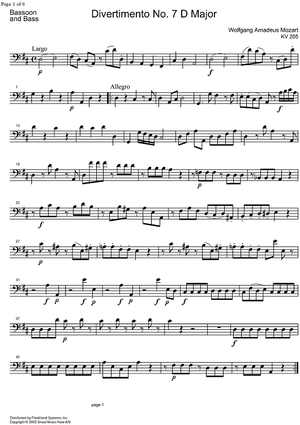 Divertimento No. 7 D Major KV205 - Bassoon/Double Bass