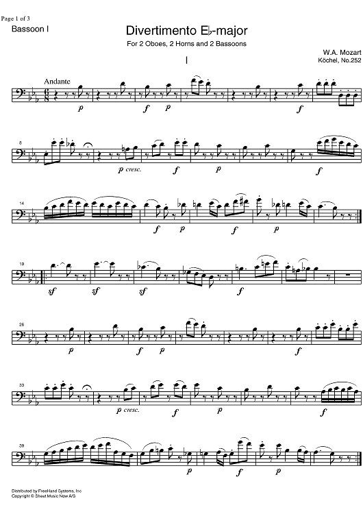 Divertimento No.12 Eb Major KV252 - Bassoon 1