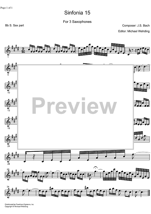 Three Part Sinfonia No.15 BWV 801 b minor - B-flat Soprano Saxophone