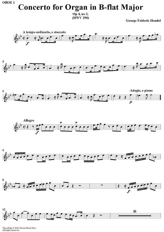 Concerto for Organ in Bb Major, Op 4, No. 2 (HMV 290) - Oboe 1