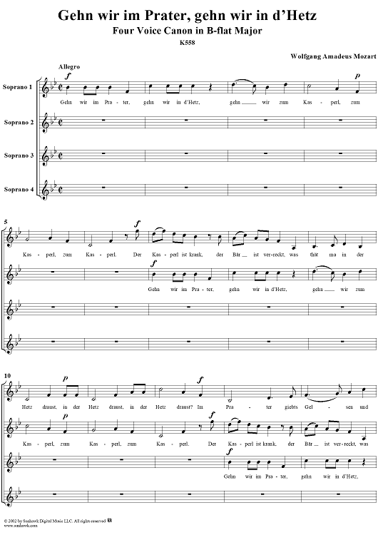 Gehn wir im Prater, gehn wir in d'Hetz, four voice canon in B-flat Major, K558