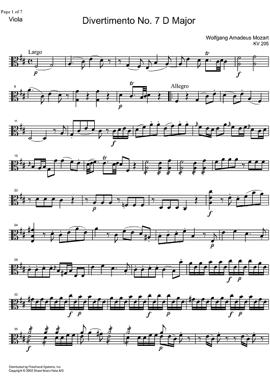 Divertimento No. 7 D Major KV205 - Viola