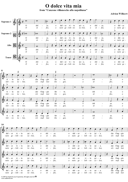 O dolce vita mia, from "Canzone villanesche alla napolitana" (Venice, 1545)