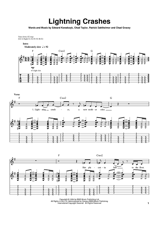 Lightning Crashes" Sheet Music by Live for Guitar Tab Sheet Music Now