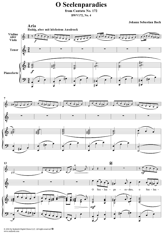 "O Seelenparadies", Aria, No. 4 from Cantata No. 172: "Erschallet, ihr Lieder" - Piano Score