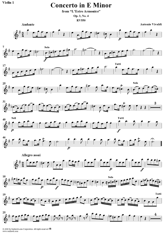 Concerto in E Minor    - from "L'Estro Armonico" - Op. 3/4  (RV550) - Violin 1