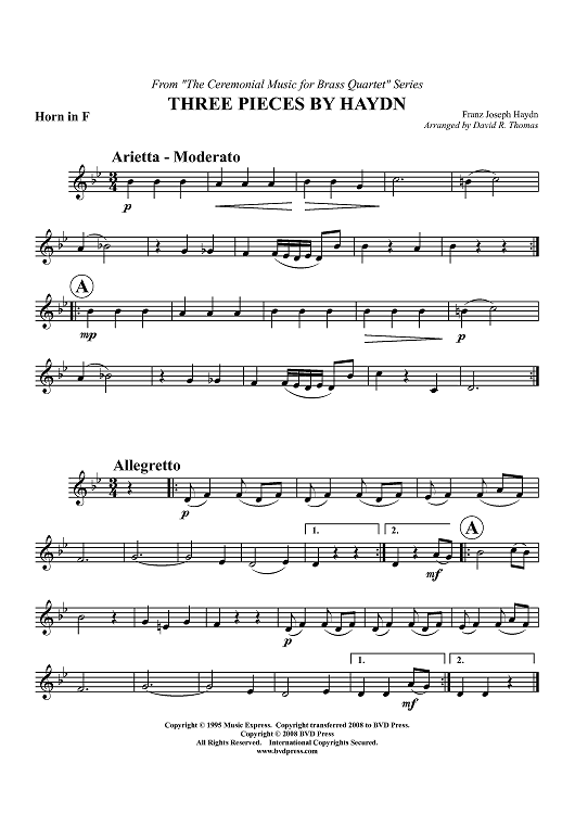 Three Pieces by Haydn - Horn in F (plus optional part for Trombone)