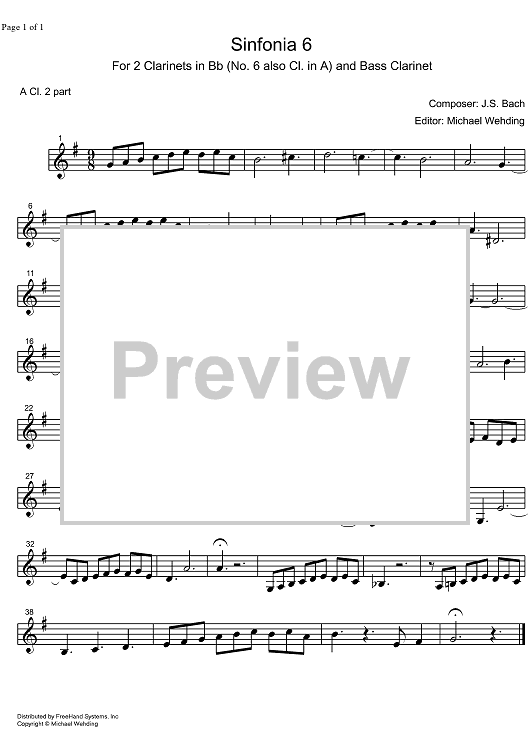 Three Part Sinfonia No. 6 BWV 792 E Major - A Clarinet 2