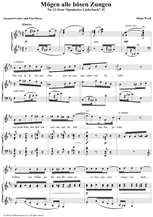 Mögen alle bösen Zungen, No. 13 from "Spanisches Liederbuch" II