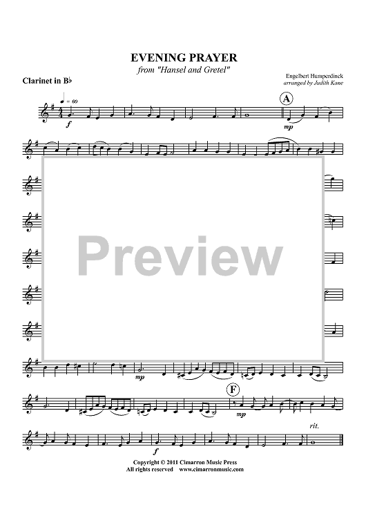 Evening Prayer - from "Hansel and Gretel" - Clarinet in Bb