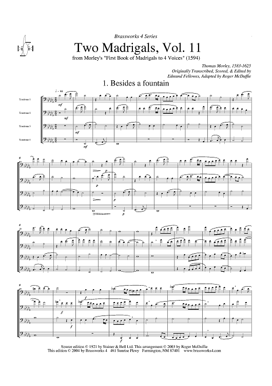 Two Madrigals, Vol. 11 - from Morley's "First Book of Madrigals to 4 Voices" (1594) - Score