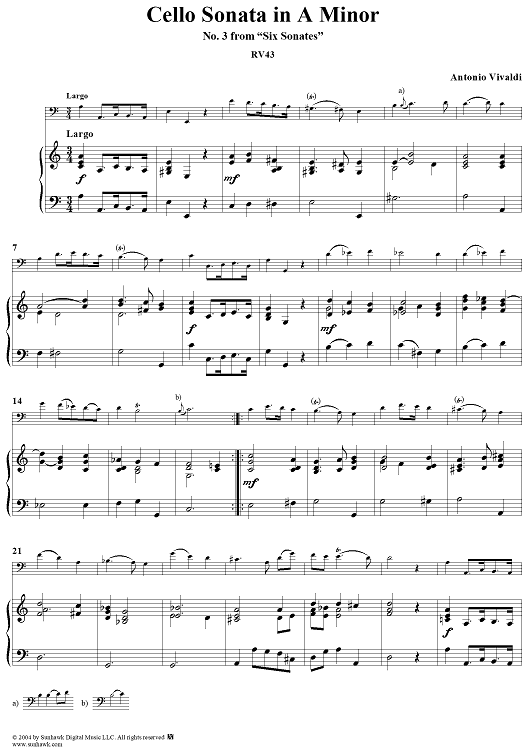 Cello Sonata No. 3 in A Minor, RV43 - Piano