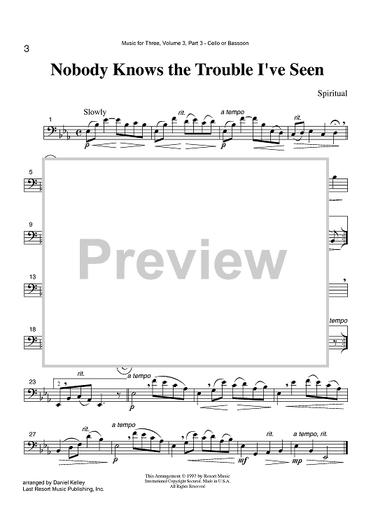 Nobody Knows the Trouble I've Seen - Part 3 Cello or Bassoon