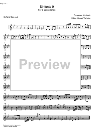 Three Part Sinfonia No. 9 BWV 795 f minor - B-flat Tenor Saxophone