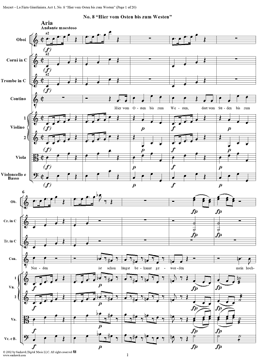 La Finta Giardiniera, Act 1, No. 8 "Hier vom Osten bis zum Westen" (Aria) - Full Score